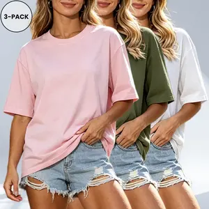 Women's 3-Pack Minimalist Round Neck T-Shirts - Casual Short-Sleeve Baggy Oversized Tops, Simple Everyday Comfortable Summer Wear