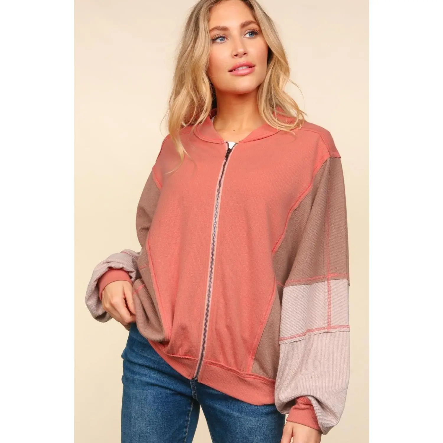Haptics Zip Up Color Block Bomber Jacket with Side Pockets