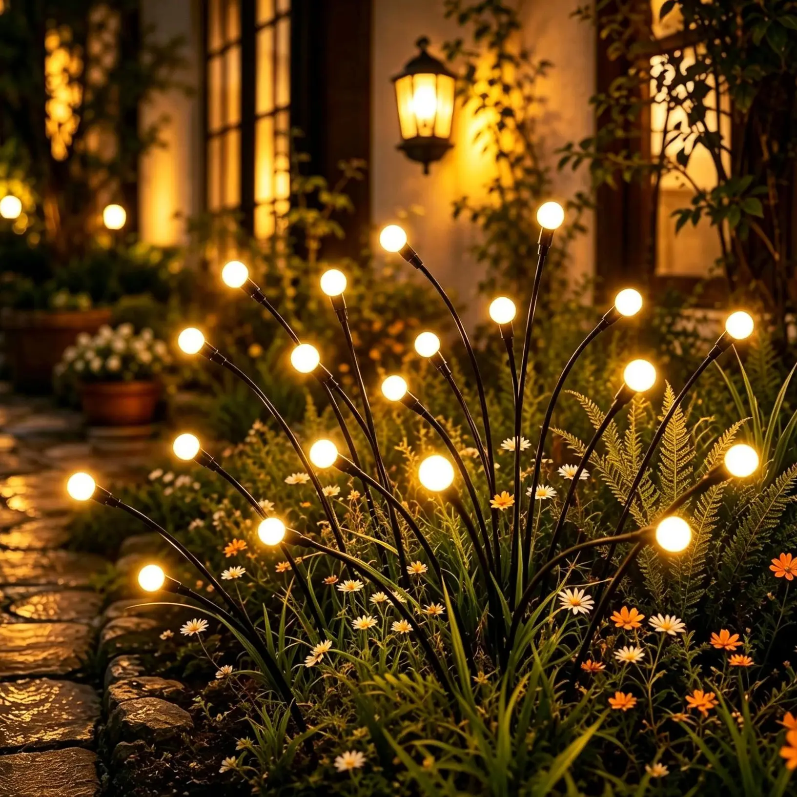 Outdoor Solar LED Firefly Lights, 4/8 Pack (32/64 Total LED Heads) – Water Resistant Outdoor Wall Lights with Eco-Friendly Solar Batteries, Auto On/Off Landscape Decor for Walkway, Patio