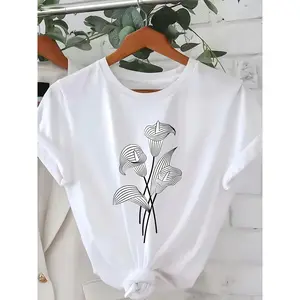 New Summer Style Ins-Inspired Line Art Calla Lily Floral Print T-Shirt, White Base, Refreshing, Artistic, and Exquisite, Regular Fit, Comfortable Fabric, Daily Casual Top" -- Quanquan