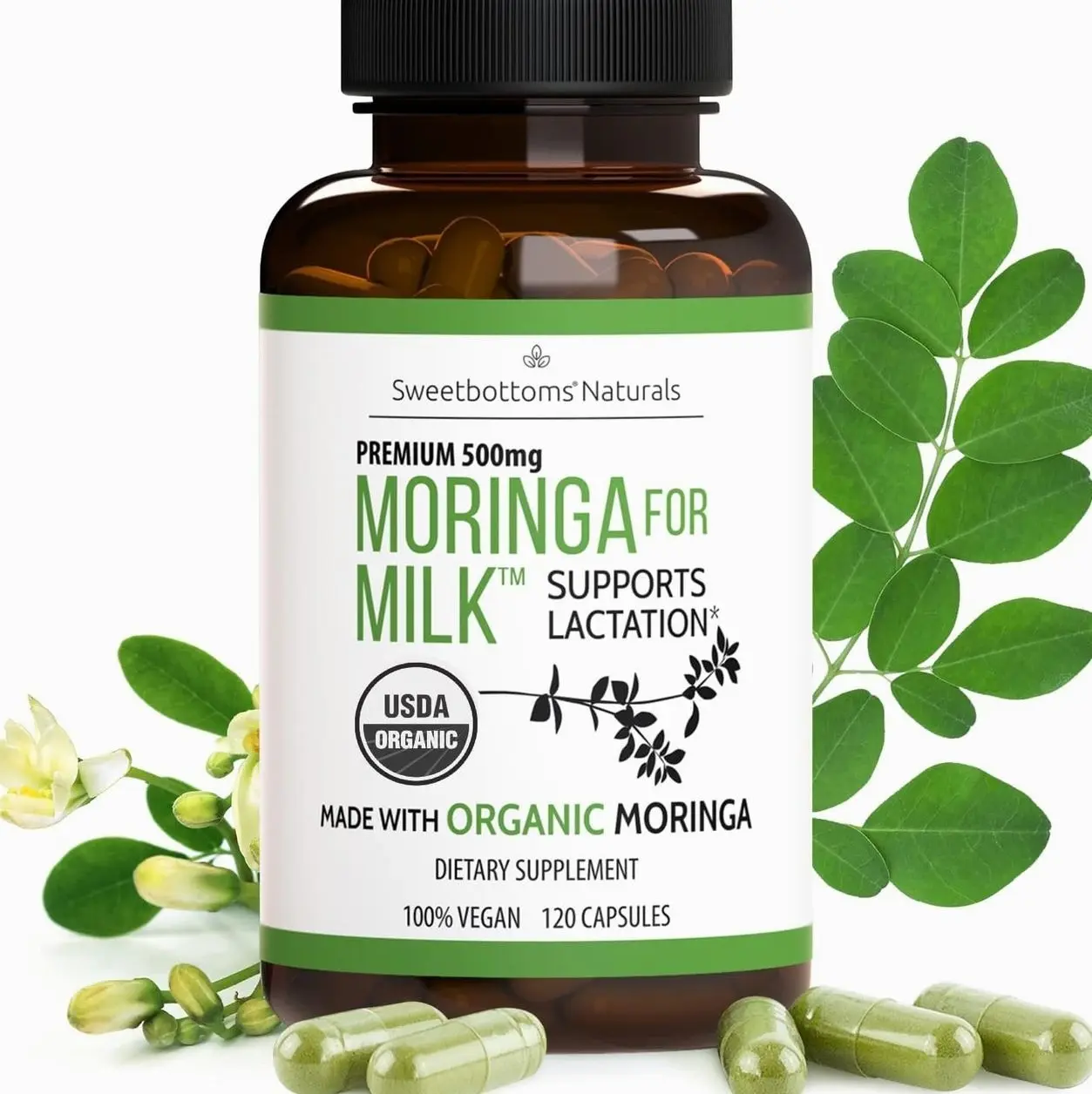 Lactation Supplement - Organic Moringa Capsules for Breastfeeding Support to Increase Breastmilk Supply (120 ct) Pure Malunggay Leaf Powder for Milk Production Booster & Postnatal Vitamins A E K 500mg