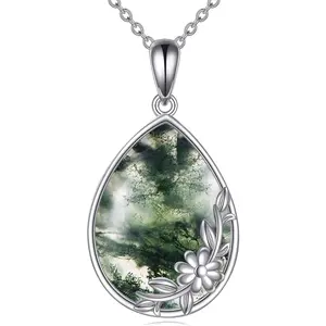 Green Moss Agate Necklace Daisy Flower 925 Sterling Silver Pendant Jewelry for Women