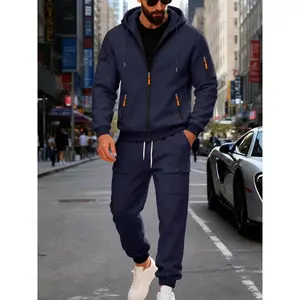 Men's American Style Fall Heavyweight Fleece Hoodie Set, Loose Fit Casual Outdoor Sports Commuter Jacket, Comfortable & Warm