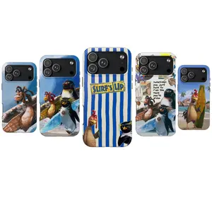 Surf’s Up Penguin Cartoon Tough Case for iPhone 15 – 17 Pro Max  Cute Aesthetic Beach Vibes  Shockproof Heavy Duty Protective Cover