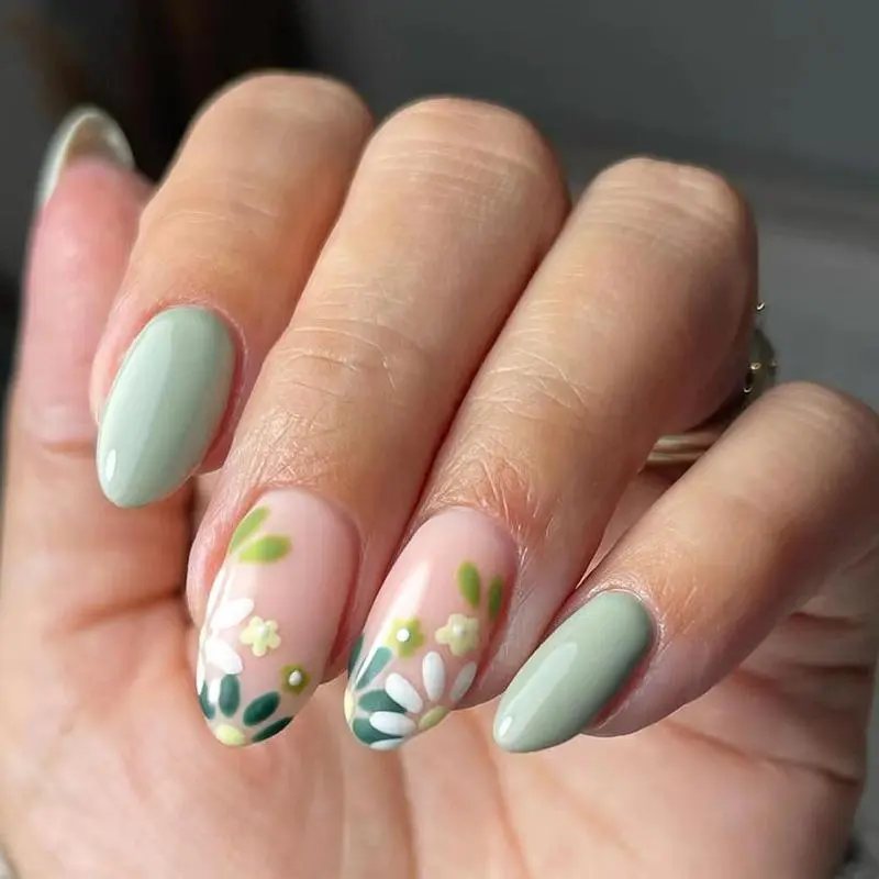 24pcs/set Mint Green Flowers False Nail Glue DIY Nail Art Pattern Design False Nails French Stiletto Full Coverage Nail Art Kit