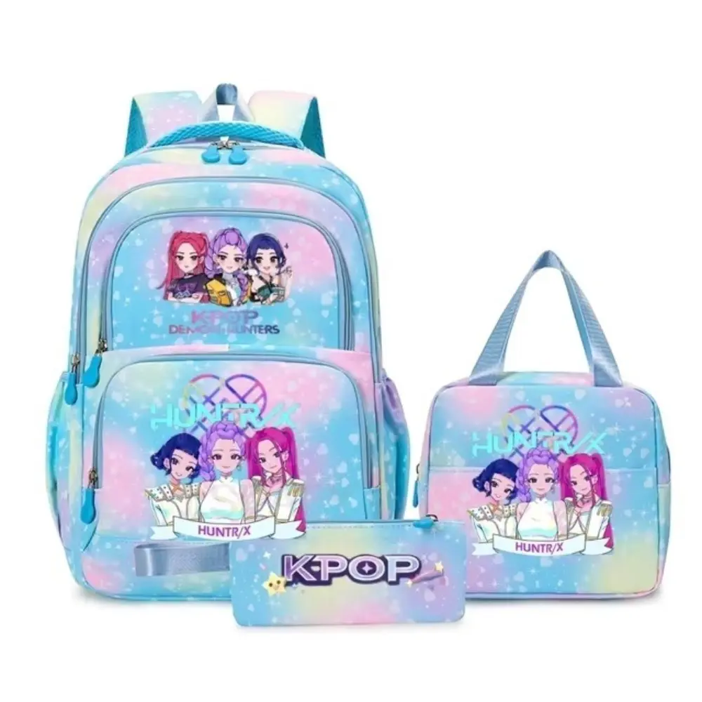 17 Inch Kpop Anime Hunters 3‑Piece Backpack Set for Girls, Blue Rainbow Gradient Heart Cartoon Print Multi‑Layer School Backpack with Lunch Bag and Pencil Case, Waterproof Casual Bookbag for Teen Girls