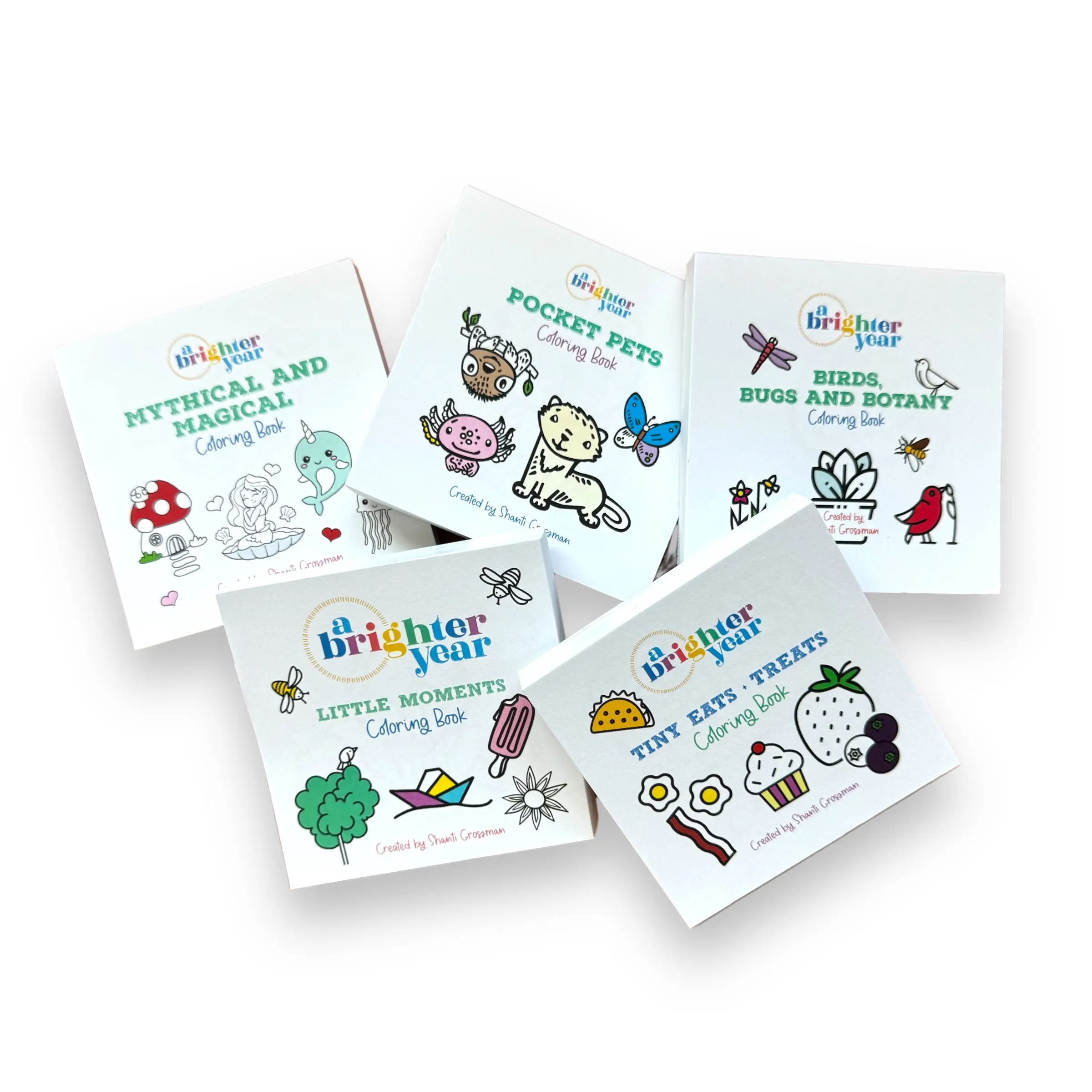 5 piece Mini Coloring Book Bundle - A Brighter Year - Coloring Books for Adults - 50 pages each - 3x3 Inches, stocking stuffer, gift, christmas gift