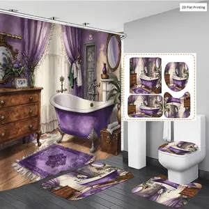 1/3/4PCS Vintage Bathroom with Bathtub Plants and Purple Decor Shower Curtain Set with Rugs, Non Slip Bath Mat, U-Shape Carpet, Toilet Lid Cover, Bathtub Curtain Accessories, 12 Hooks, Home Bathroom Festival De