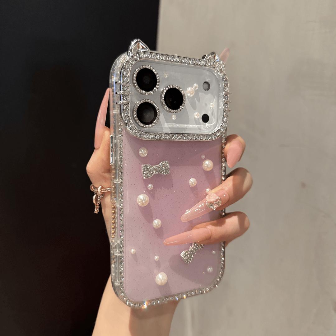 DIY Glitter Clear Phone Case with Pearl & Rhinestone Bow Charms, Bling Cat Ear Diamond Frame Customizable Protective Cover for IP 17 Pro max, 16plus, 15, 14, 13 junk