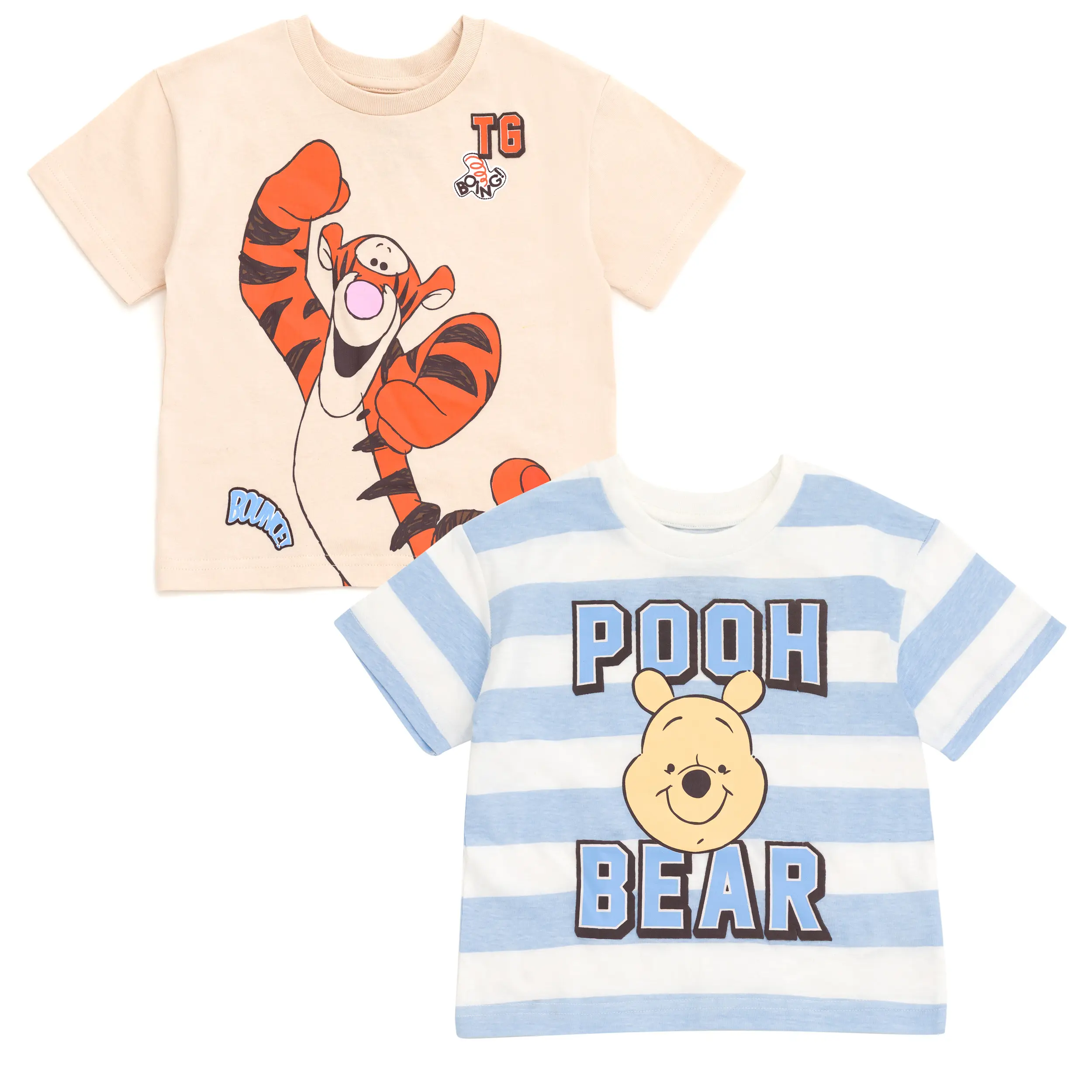 Disney Winnie the Pooh Boys' 2-Pack Drop Shoulder Short Sleeve Graphic Print Tops - Tigger, Blue, Peach - CPSIA Labeled, Everyday Use, Playtime Outfits for Toddler to Little Kid, Short Sleeve Tops, Pull-On Wear, Soft Cotton, Two Piece Sets, Winnie Pooh
