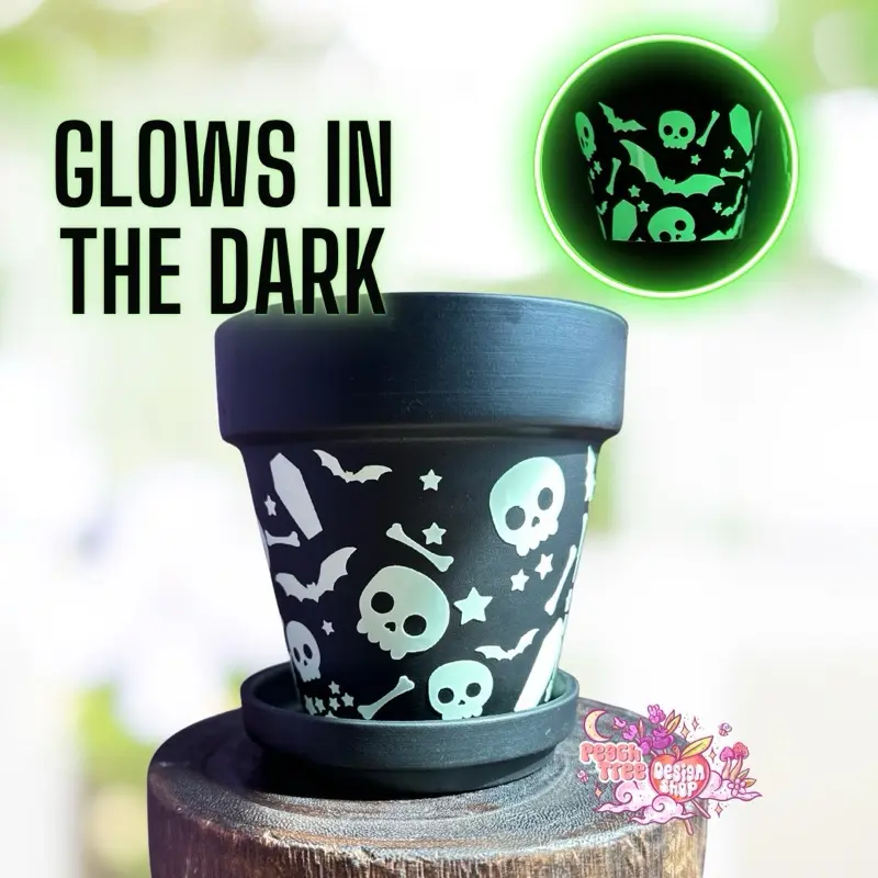 Whimsigoth Decor Peach Tree Design Shop Skull & Bones Glow-in-the-Dark Planter Spooky Season Terracotta Pot with Matching Tray for Indoor Plants