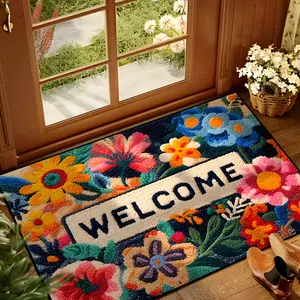 Vibrant Floral Welcome Mat Non Slip Machine Washable Polyester Indoor Outdoor Rug High Traffic Area Durable Doormat Perfect Valentine Day Gift Spring Home Decor Front Door Mat
