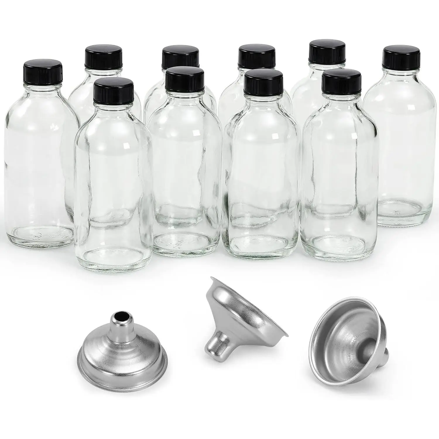 10 Pack, 4 oz Small Clear Glass Bottles w/ Lids & 3 Stainless Steel Funnel - 120ml Boston Round Sample Bottle for Potion, Juice, Ginger Shot, Wellness, Oils, , Liquids - Leakproof Travel Bottle