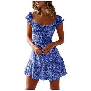 Womens Summer Ruffle Sleeve Sweetheart Neckline Printing Dress Mini Dresses