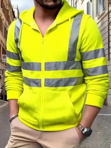 Reflective Zipper Hoodie for Men | Thermal Lined Work Sweatshirt with Stand Collar (Water-Resistant Outdoor Jacket for Winter, Cycling & Security Jobs
