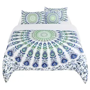 PiccoCasa 5Pcs Duvet Cover Set Bohemian Bedding Set Microfiber Polyester Comforter Cover with Zipper Closure and Corner Ties Including Fitted Sheet and Throw Pillowcase, White and Green Queen
