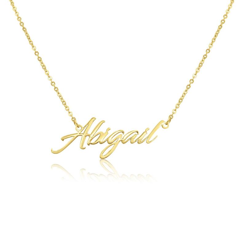 Name Necklace In Gold Tone Brass Metal With Free 16 Inch Cable Chain Personalized Nameplate 1-1 1/2 Inches Long