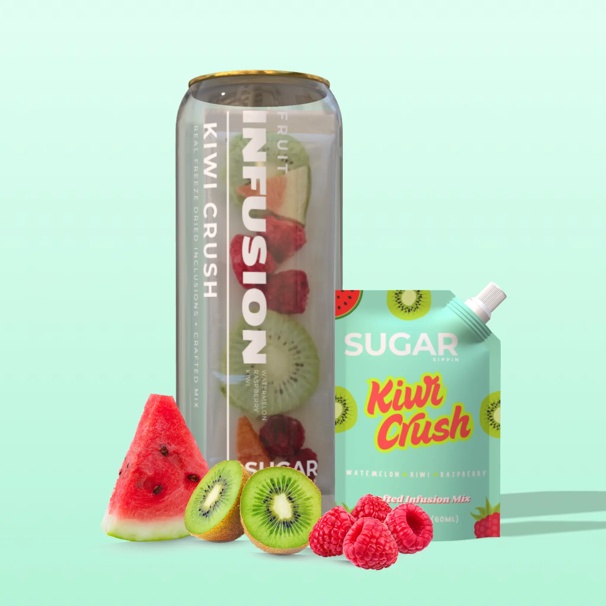 Kiwi Crush - Drink Kit with Premium Watermelon + Raspberry + Kiwi Fruit Syrup Mix + Freeze Dried Fruits + Reusable Can (500ml)