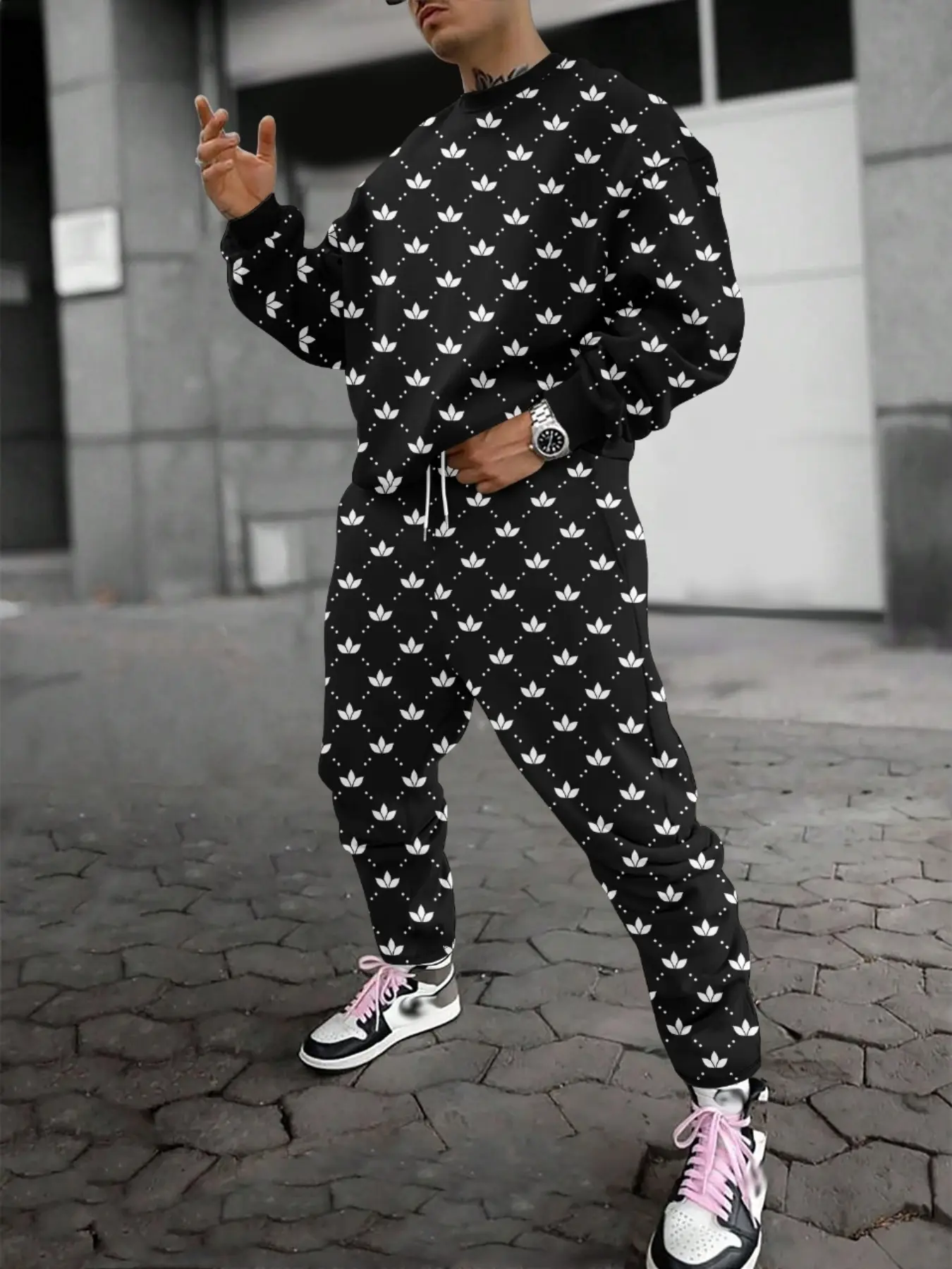 Men's Fashionable Floral Plant Print Set, Round Neck Long Sleeve Sweatshirt & Pants Two-Piece, Casual Breathable New Clothing