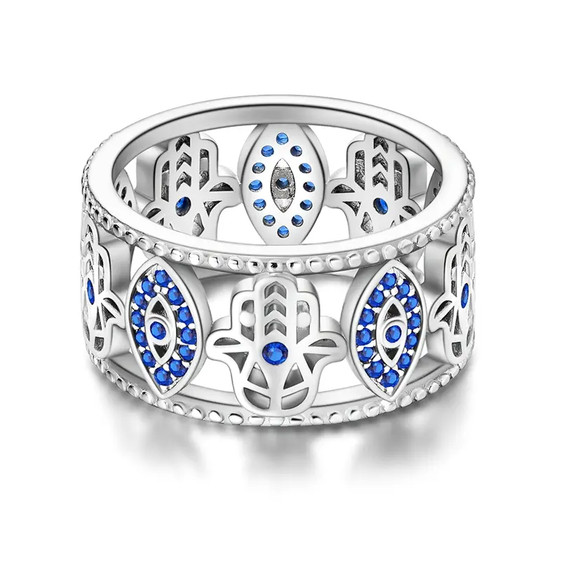 Silver Plated Vintage Hamsa Hand & Evil Eye Protection Ring - Blue Gemstone Amulet Jewelry for Women