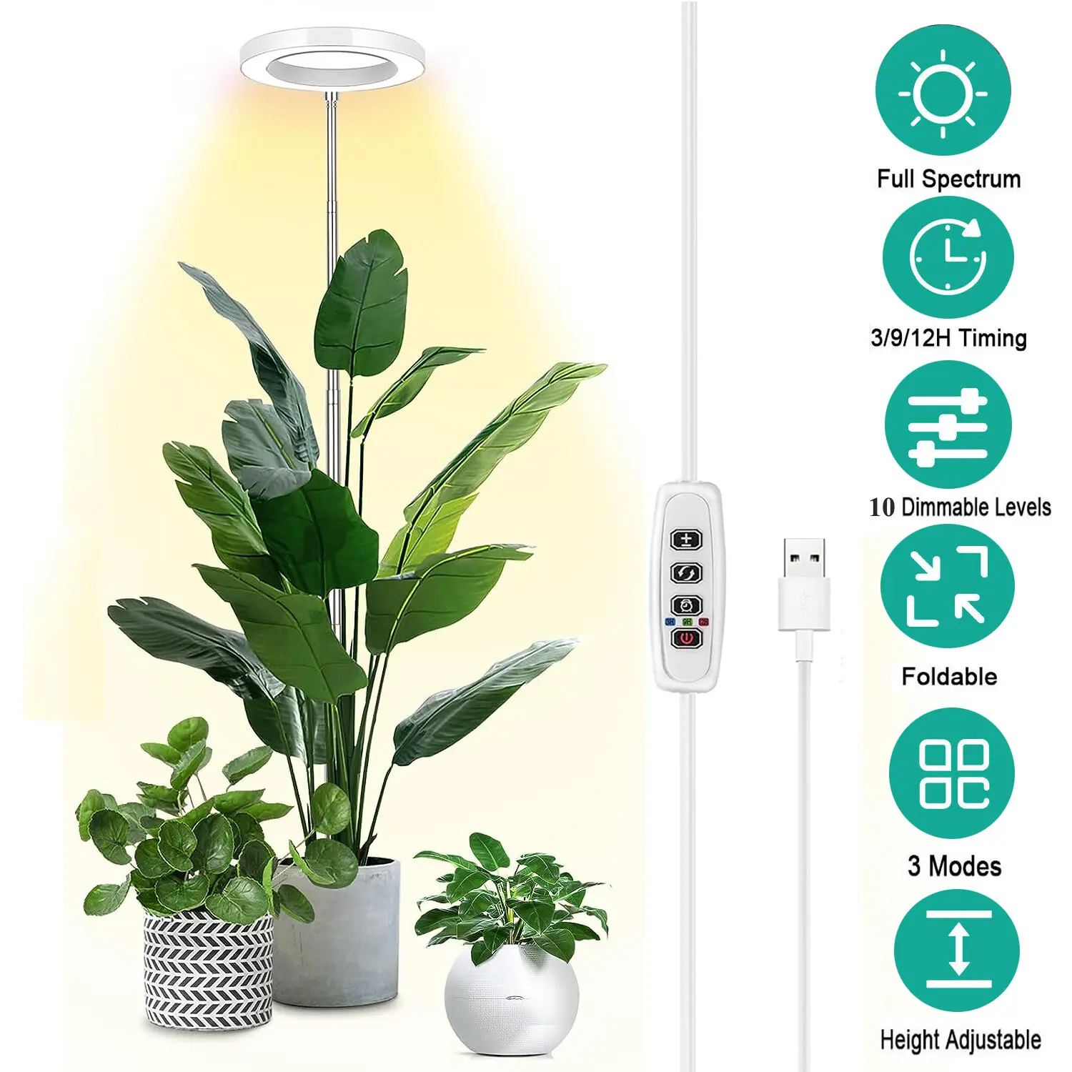SJPACK LED Grow Light Plant Growing Lamp with Timer Full Spectrum Lighting for Indoor Plants 6W 3000-6500K 10 Dimmable Levels 3/9/12H Timer Adjustable Pole 16.5-60cm