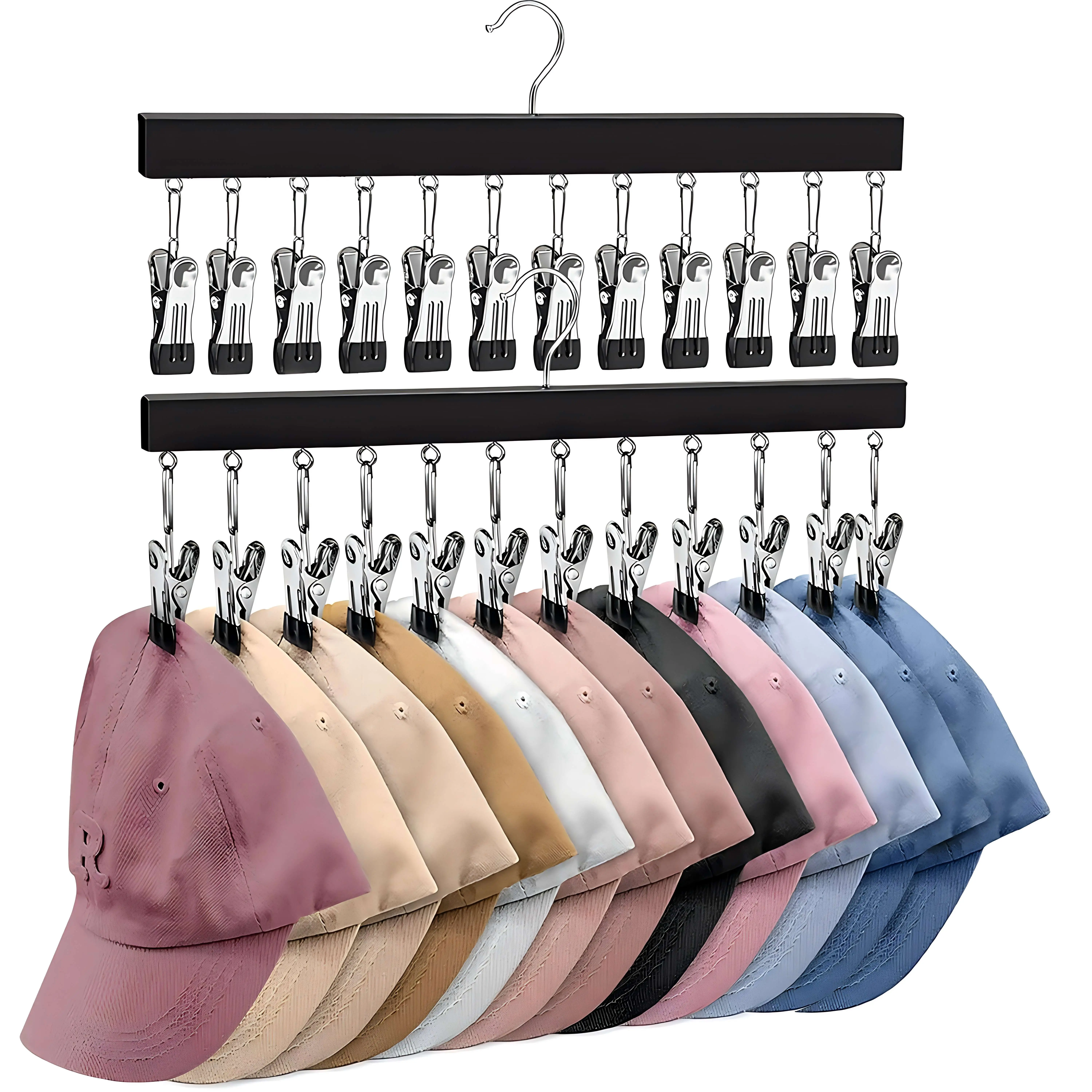 Legging Hanger for Closet Organizer with 12 Clips ,2 Pack Wooden Yoga Pants Hanger Holds 24 Leggings, Space Saving Hanging Closet Organizer w/Rubber Coated Closet Organizers and Storage,Clothes Hanger with Clips for Bra,Belt,Sock,Hat Hanging Organization