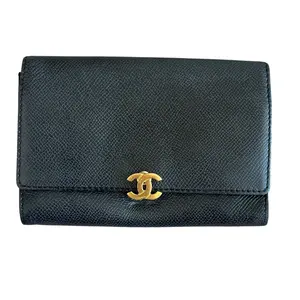 Pre-owned CHANEL Wallet Small Leather Goods Black Caviar Leather Flap With Gold Tone CC Authentic With COA