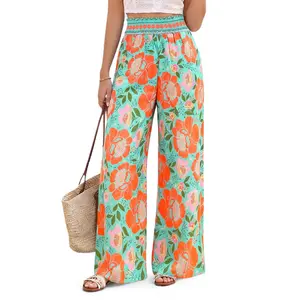 Beotyshow Wide Leg Pants Woman 2026 Summer Smocked Waist Floral Pant Resort Wear Spring Beach Vacation Clothes for Women