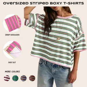 Imily Bela Oversized Womens Striped T-Shirts Summer Casual Color Block Short Sleeve Tops Drop Shoulder Boxy Tees