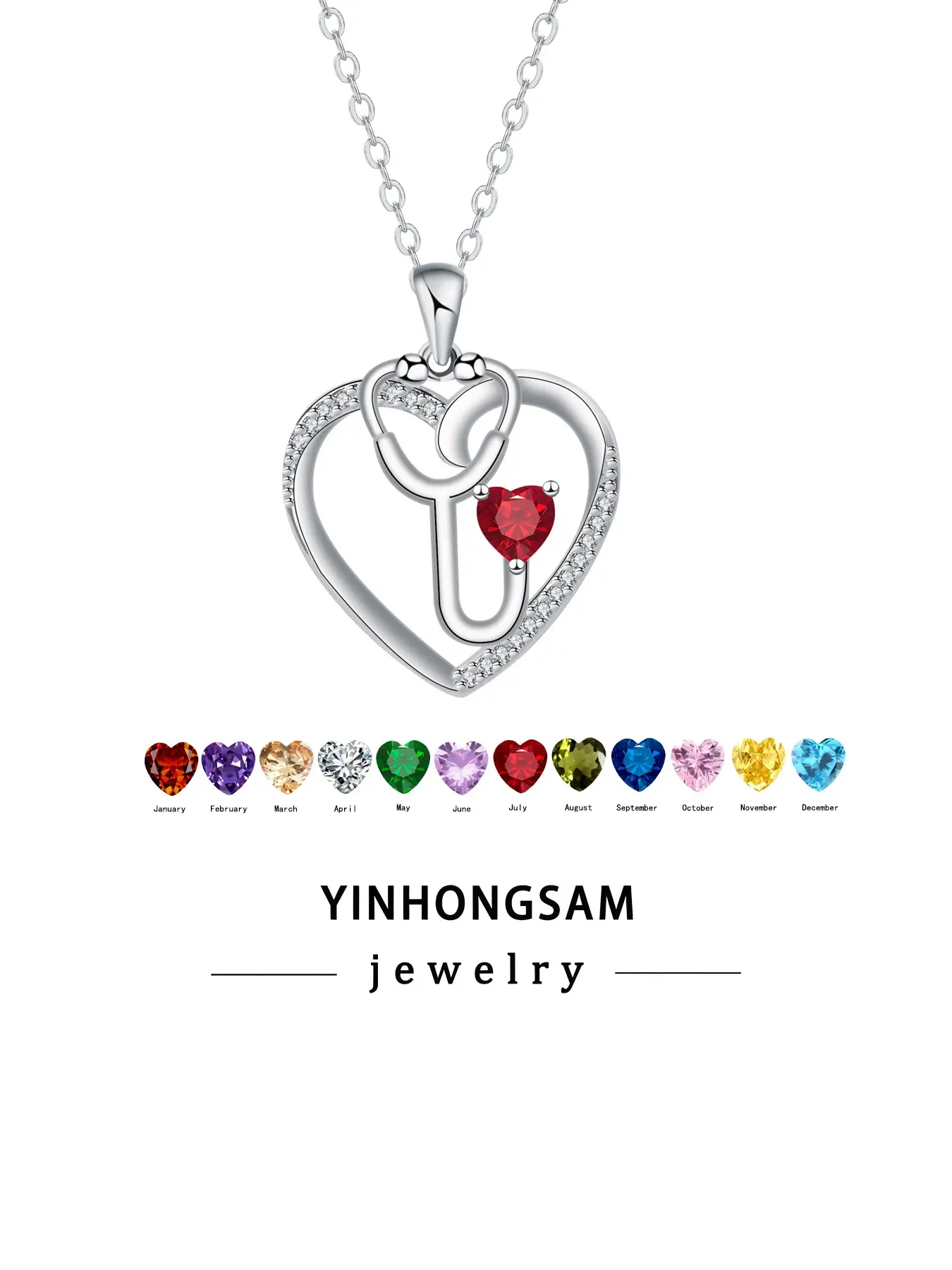 Twelve Zodiac Stone Necklace, Women's Heart Stethoscope Pendant Necklace, Hypoallergenic Jewelry, Gift Box Included, Perfect for Holidays