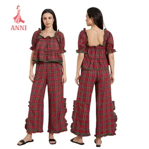 Women Pajama Set, Stripes/Plaid Short Sleeve Square Neck T-shirt with Pants Sleepwear Loungewear