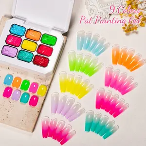 MEET ACROSS 9 Watercolor Pat Pat Ombre Gel Set, Y2K Nail Palette Gel Set, Rainbow Dopamine Series, High Saturation Shine, Includes Nail Brush, LED Nail Art Manicure, Nail Care, DIY Nail Design, Polish
