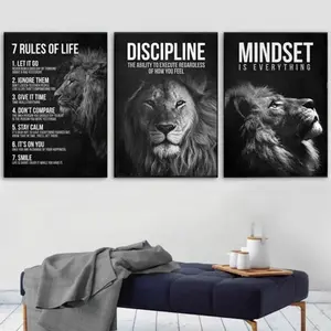 3pcs Inspirational Lion Motivational Poster Set, Wooden Frame Animal Wall Art Decor for Office & Living Room, Modern Minimalist Design, Wall Art Decoration
