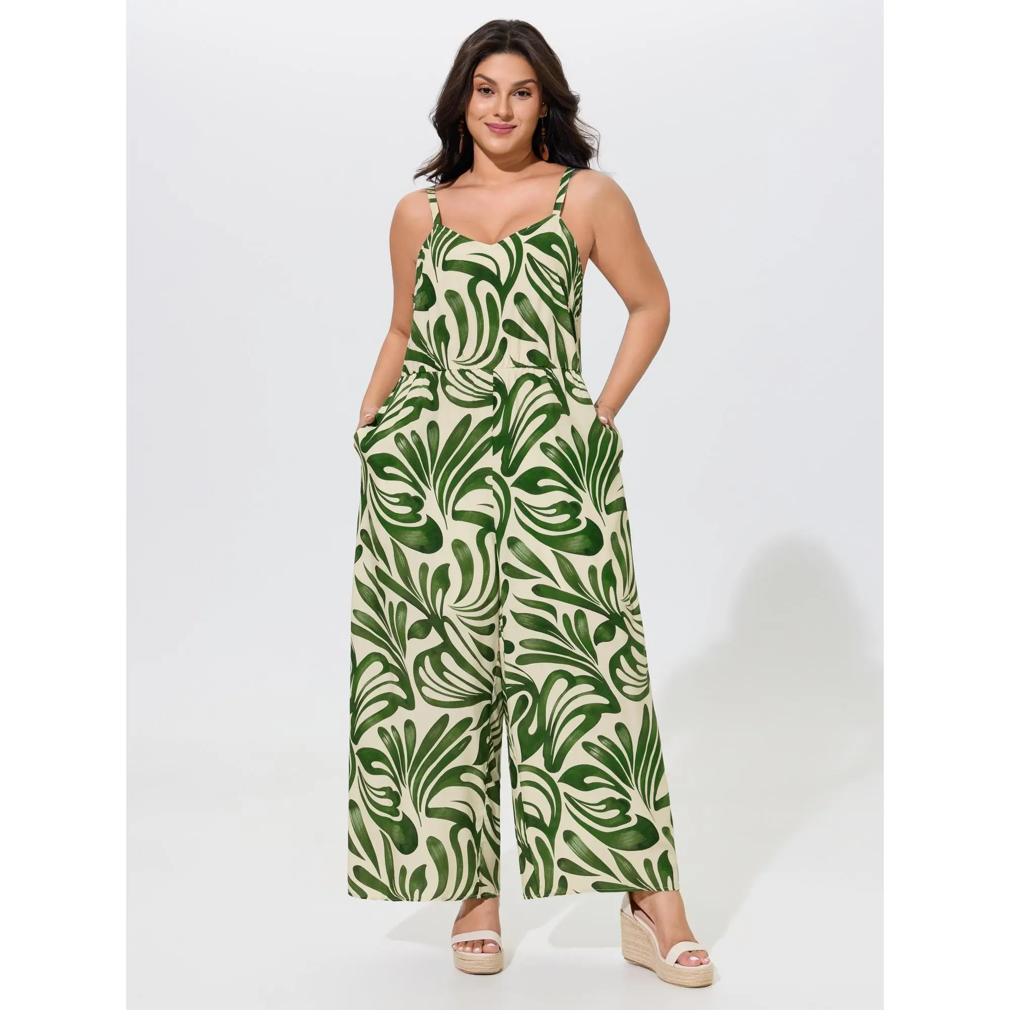 BloomChic Plus Size Resort Jumpsuit, Sleeveless Tropical Print Rayon Overalls with Belt and Pocket, Wide Leg Fit, Smooth, Garment, Fabric