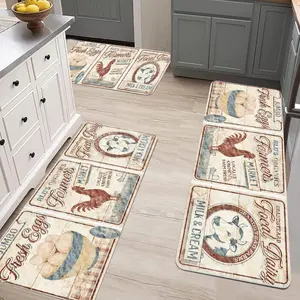 3-piece Floor Mat Set Welcome Doormat Front Door Kitchen Bathroom Home Decor Fresh Egg Market Rooster Milk Cream Farmhouse Style Polyester Machine Washable Kitchen Laundry Room Hallway, farmhouse style room decor rug area carpet animal print