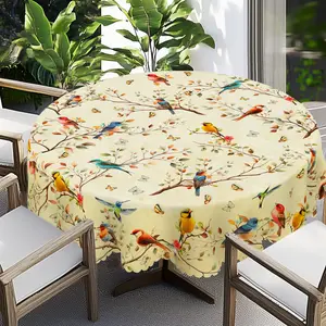 PLUMLIK Vintage Theme Tablecloth, Round / Rectangle Table Cover With Bird, Tree Branch And Bud, Polyester Waterproof, Spring/Fall Decoration For Patio Brunch, Garden Party, Bird Watching Gathering, Family Dinner, Durable And Washable