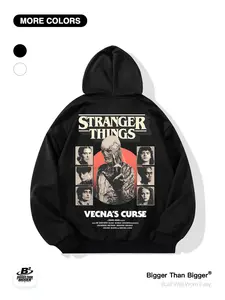 Stranger Things Villain & Hero Print Loose Hoodie, Pocketed Casual Breathable Sweatshirt, Unisex Sports Wear, Trendy