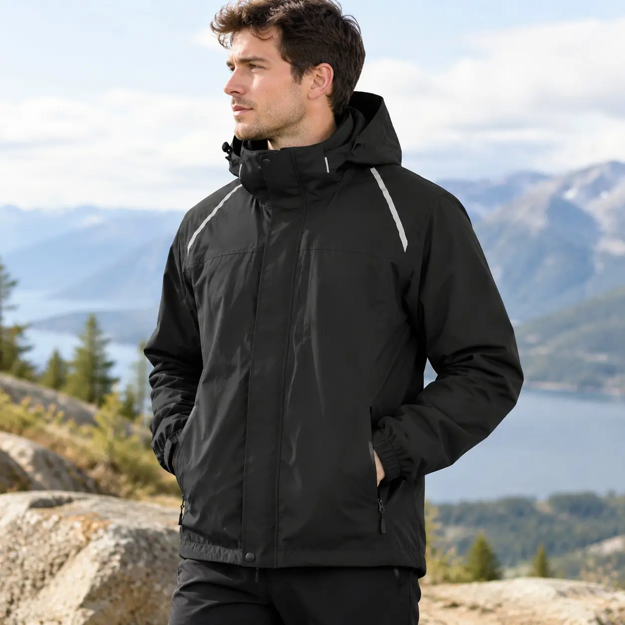 Men's Rain Jacket Waterproof Hood Lightweight Reflective Packable