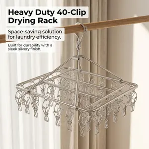 40-Clip Stainless Steel Clothes Hanger, Heavy-Duty Anti-Rust Sock Drying Rack, Windproof Laundry Hanger with Non-Slip Clips for Socks & Underwear
