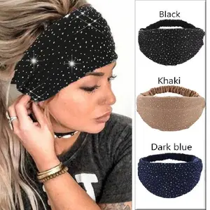 3Pcs Set Rhinestone Dots Wide Women Headbands, Elegant Twisted Solid Diamond Workout Headbands, Soft Elastic Hairbands for Women's Yoga Bridal Festivals Workout Makeup Everyday Wear Black Khaki Dark Blue