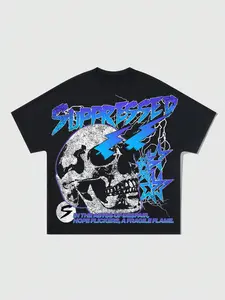 Trendy Unisex Oversize Graphic Print T-Shirt, Vintage Skull & Lightning Bolt Design, Comfortable Street Style Casual Wear