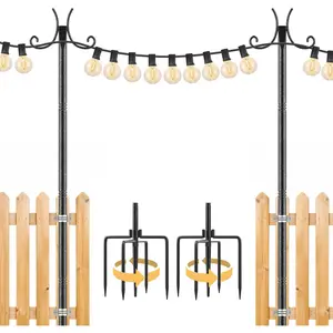 2 Pack 10FT Heavy Duty Metal Adjustable Height Outdoor String Light Poles, Festoon Stand with 4-Prong Ground Stake for Backyard Garden Patio Wedding Party