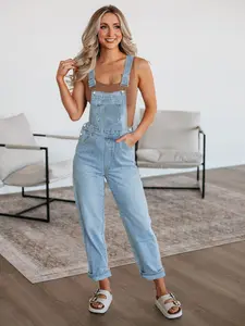 Women's Loose Fit Denim Overalls Jumpsuit, Casual Plain Design, All-Season Wearable, Perfect for Daily & Dates, Comfortable Washed Look
