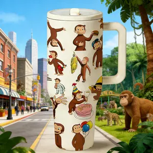 AuraCup 40oz Curious George Insulated Tumbler with Lid and Straw, Cute Cartoon Monkey Pattern Stainless Steel Vacuum Cup, Double Wall Hot Cold Drink Bottle, Insulated Travel Drinkware, Holiday Gifts, Birthday Gift