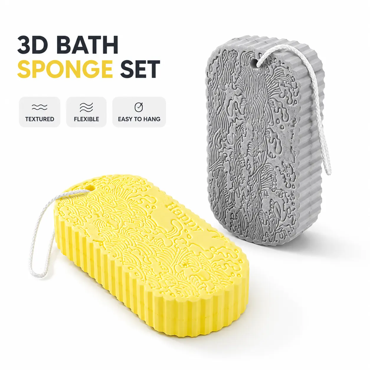 2PCS Exfoliating Shower Sponge for Body, Soft 3D Bath Scrubber for Dead Skin Removal, Reusable Body Wash Sponge Alternative to Exfoliating Gloves, Random Colors