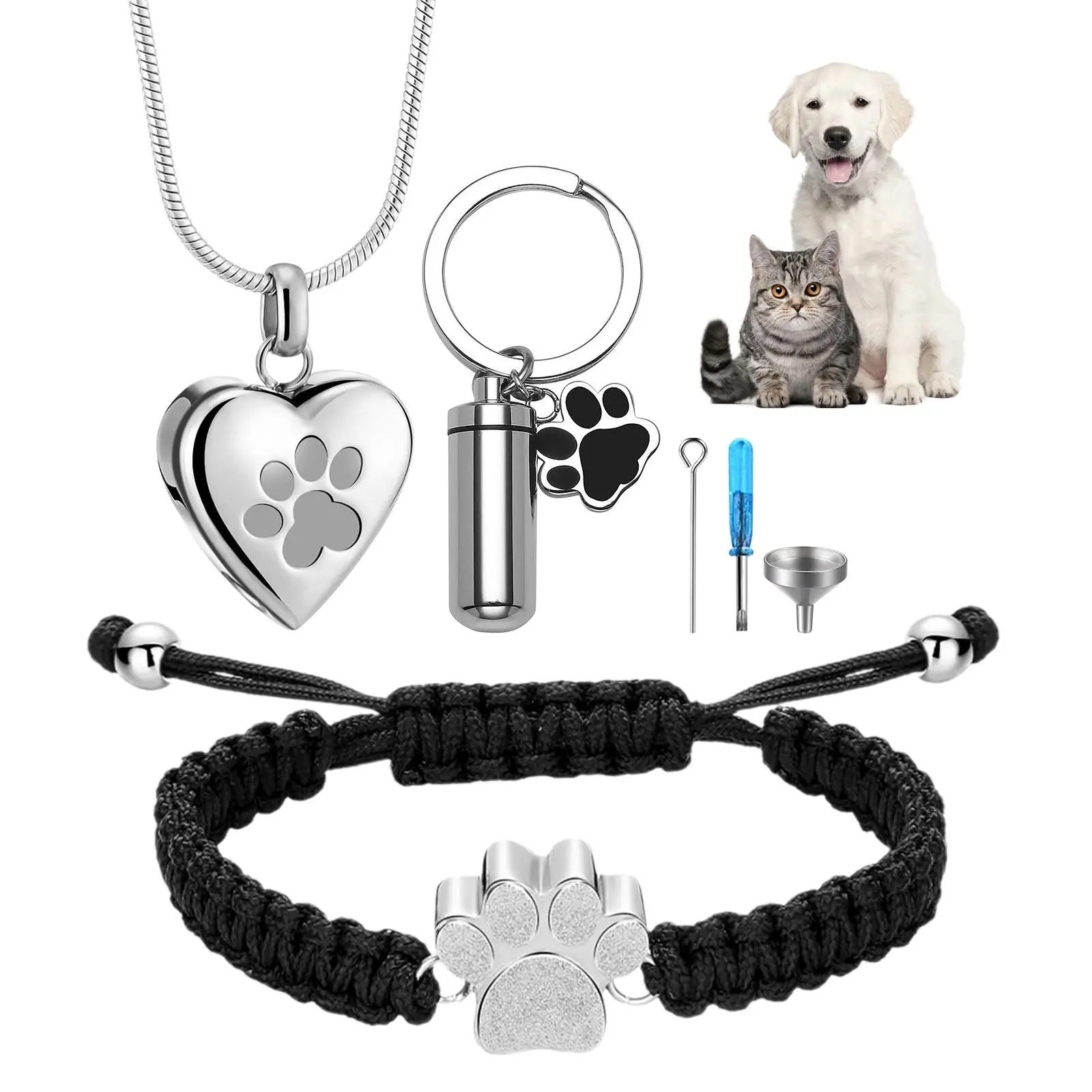 Memorial Jewelry Set for Pet Lovers, Stainless Steel Heart Locket, Adjustable Paw Print Bracelet with Durable Nylon Cord & Keychain for Ashes, Adjustable Bracelet, Hypoallergenic, Healing