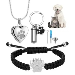 OIDEA Unisex 3-Piece Pet Cremation Jewelry Set - Stainless Steel Openable Heart Pendant, Adjustable Paw Print Bracelet, Memorial Keychain with Storage Filling Kit for Cats, Dogs, Healing,summervibes