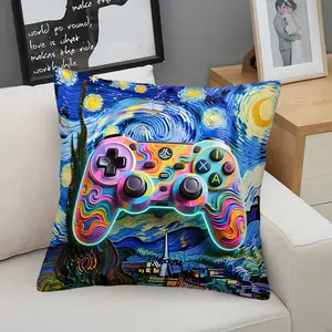 Starry Night Game Controller Throw Pillow, Gamer Cushion, Creative Decorative Cushion, Home Decorative Cushion, Neon Accent Pillow (Includes Pillow Core), Artistic Gaming Print for Teen Boys, Perfect Game Room & Birthday Gift