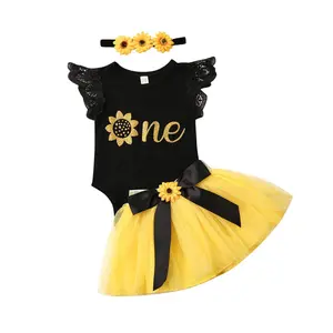 Newborn Girl 1st Birthday Outfit Ruffled Floral One Romper Yellow Tutu Skirt Dress First Birthday Girl Outfit