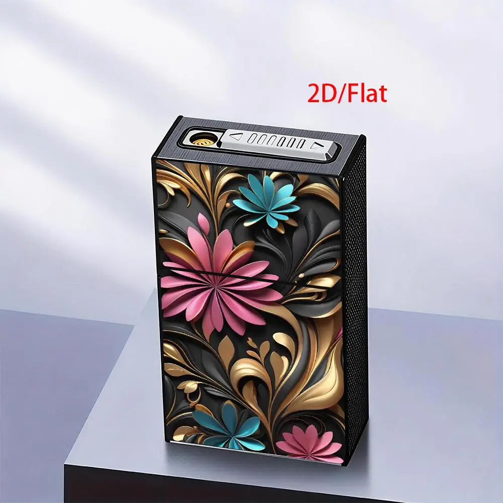 USB Rechargeable 20-Slot Storage Case with Built-In Electronic Lighter, Black Background with Gold Jewelry Accents and Colorful 3D Flower Design, Luxurious and Exquisite Style, Fits 84 mm and 90 mm Items Aluminum Alloy Windproof